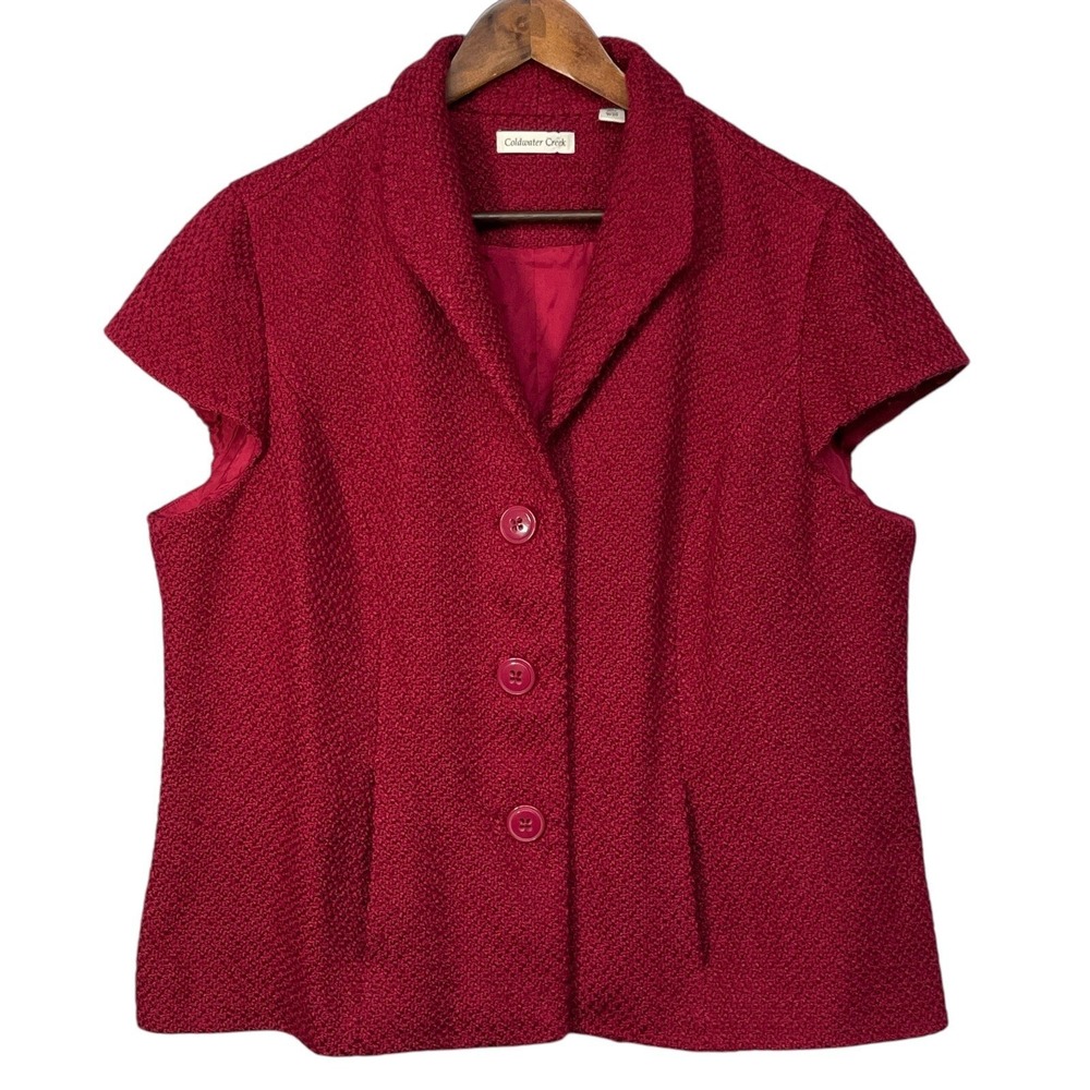 Coldwater Creek Blazer Women W20 Red Boucle Tweed Short Sleeve Button Excellent